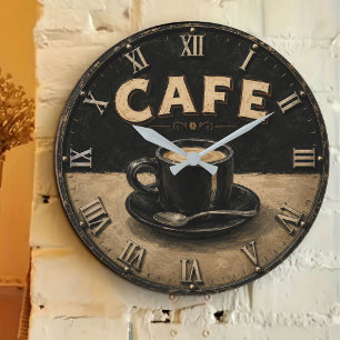 Black Coffee Minimalist Vintage Coffee Lover  Large Clock