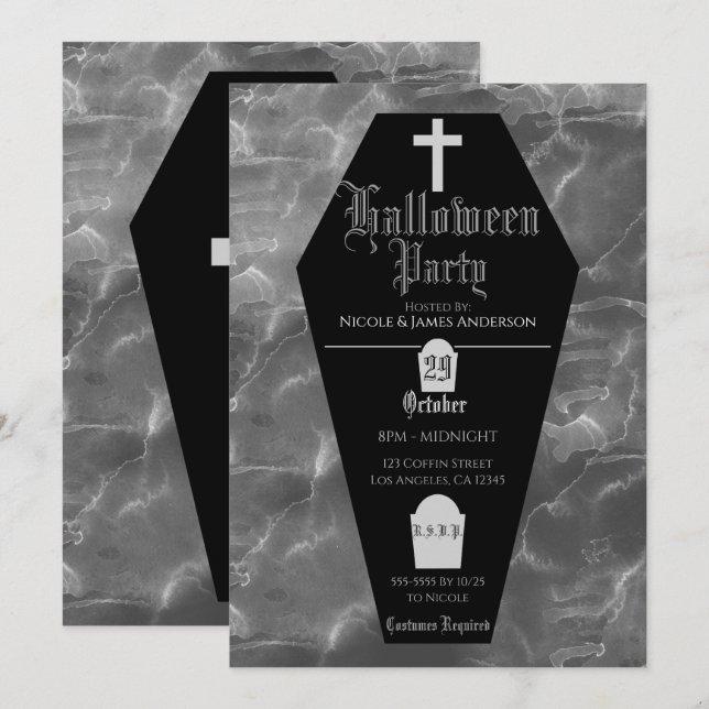 Black Coffin Tombstone Gothic Halloween Party Invitation (Front/Back)