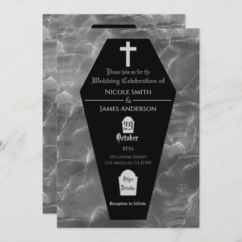 Black Coffin Tombstone Gothic Halloween Wedding Invitation
