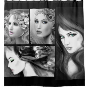 Black collage fantasy womans shower curtain