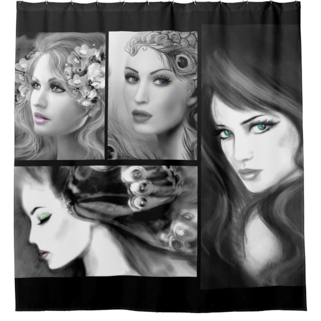 Black collage fantasy womans shower curtain (Front)