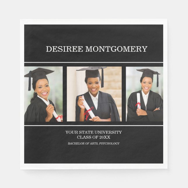 Black College University 3 Photo Graduation Napkins (Front)