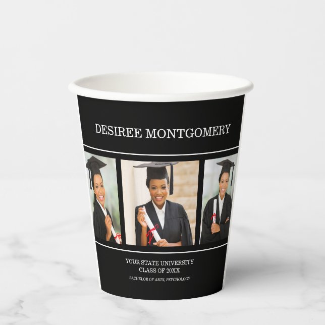 Black College University 3 Photo Graduation Paper Cups (Front)
