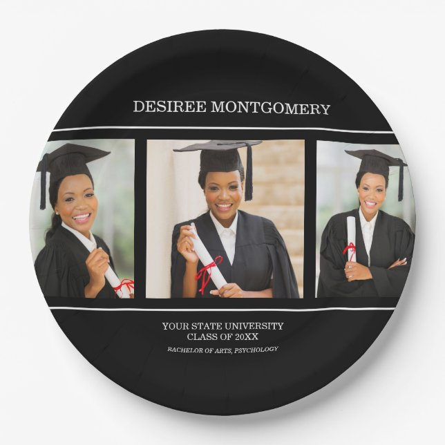 Black College University 3 Photo Graduation Paper Plates (Front)
