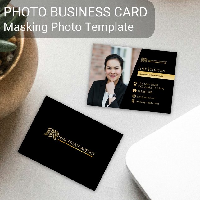 Black Color Business Card, Masking Photo Template Card (Black gold color custom business card masking shape element design tool)