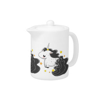 Black color cartoon unicorns with stars cute teapot