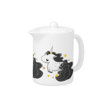 Black Color Cartoon Unicorns With Stars Cute Teapot by antico at Zazzle