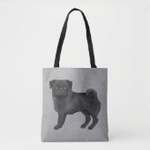 Black Color Cute Pug Mops Cartoon Dog Breed Gray Tote Bag (Front)