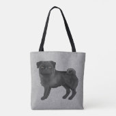 Black Color Cute Pug Mops Cartoon Dog Breed Gray Tote Bag (Back)