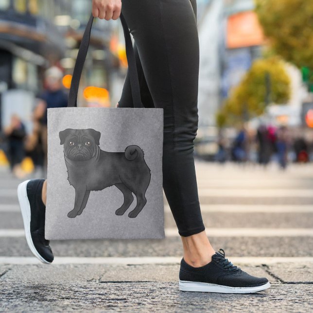 Black Color Cute Pug Mops Cartoon Dog Breed Gray Tote Bag