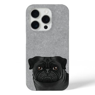 Black Color Pug Breed Dog Head Close-up On Gray iPhone 15 Pro Case