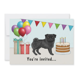 Black Color Pug Cute Cartoon Dog Colorful Birthday Invitation