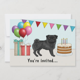 Black Color Pug Cute Cartoon Dog Colorful Birthday Invitation