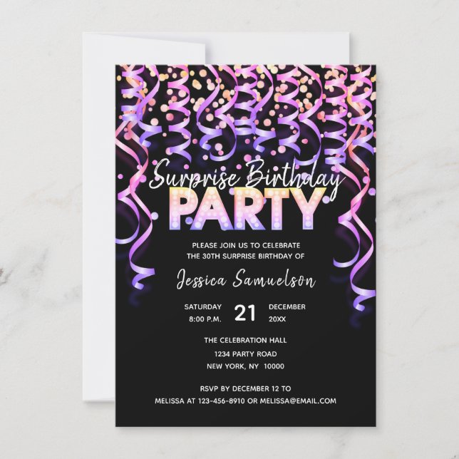 Black Color Streamers SURPRISE BIRTHDAY PARTY Invitation (Front)