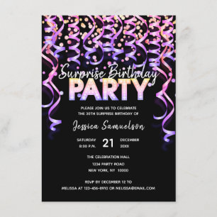Black Color Streamers SURPRISE BIRTHDAY PARTY Invitation