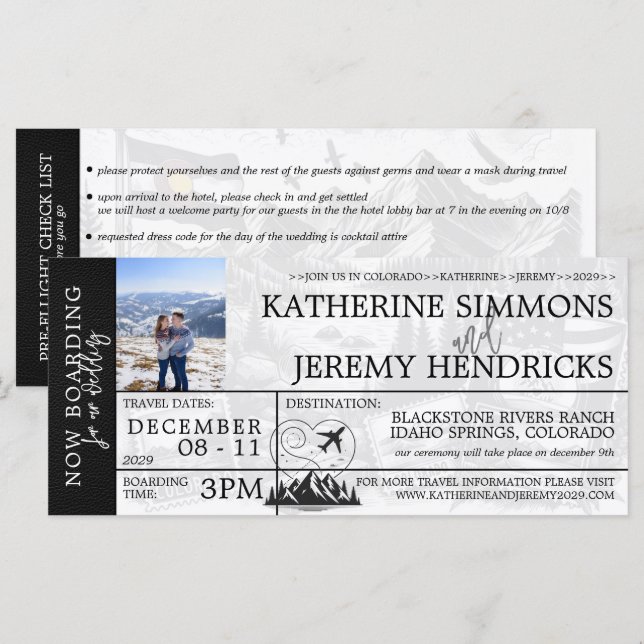 Black Colorado Wedding Boarding Pass Invite (Front/Back)