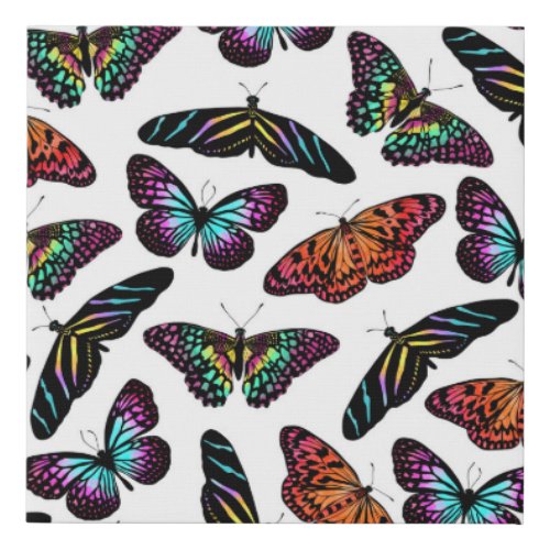 Black Colorful Butterflies Watercolor Pattern Faux Canvas Print