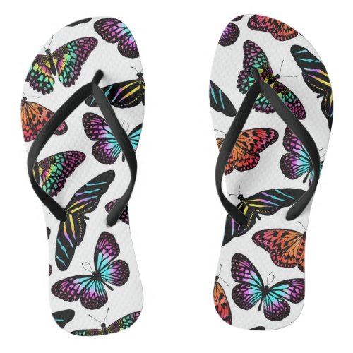 Black Colorful Butterflies Watercolor Pattern Flip Flops