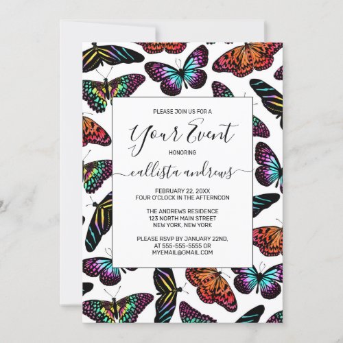 Black Colorful Butterflies Watercolor Pattern Invitation