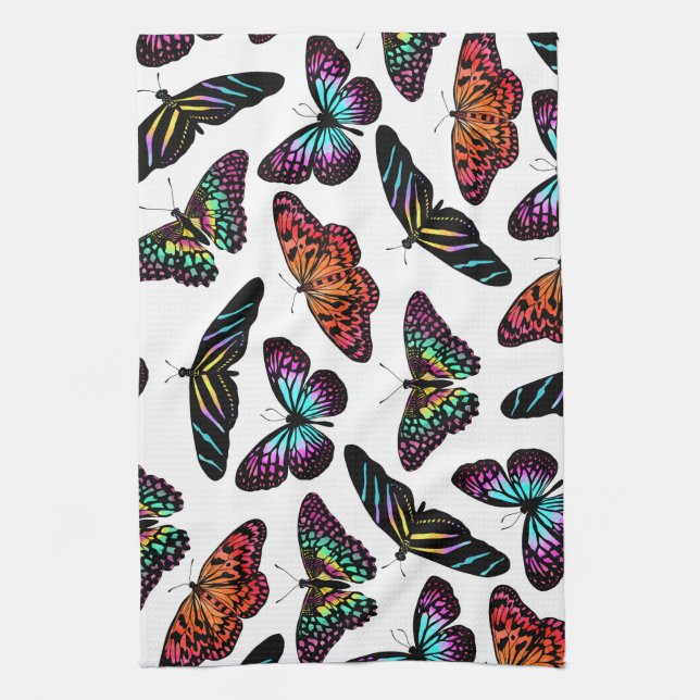 Black Colorful Butterflies Watercolor Pattern Kitchen Towel (Vertical)