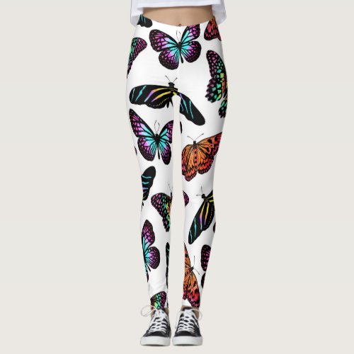 Black Colorful Butterflies Watercolor Pattern Leggings