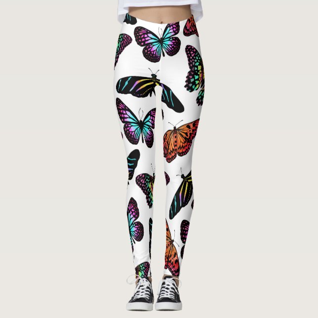 Black Colorful Butterflies Watercolor Pattern Leggings (Front)