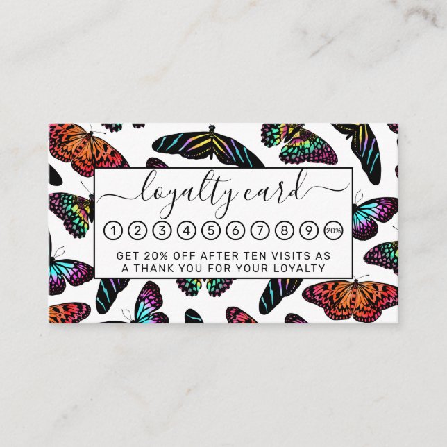 Black Colorful Butterflies Watercolor Pattern Loyalty Card (Front)