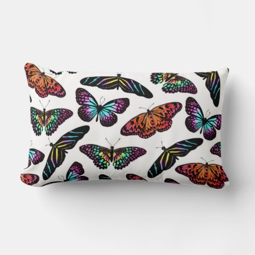 Black Colorful Butterflies Watercolor Pattern Lumbar Pillow