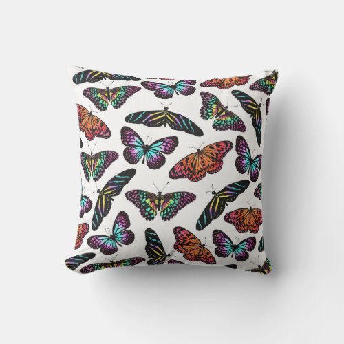 Black Colorful Butterflies Watercolor Pattern Outdoor Pillow