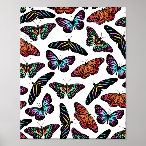 Black Colorful Butterflies Watercolor Pattern Poster