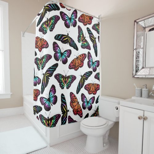 Black Colorful Butterflies Watercolor Pattern Shower Curtain