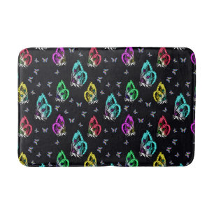 Black Colorful Butterfly Illustration Pattern Bath Mat