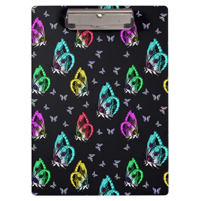 Black Colorful Butterfly Illustration Pattern Clipboard (Front)