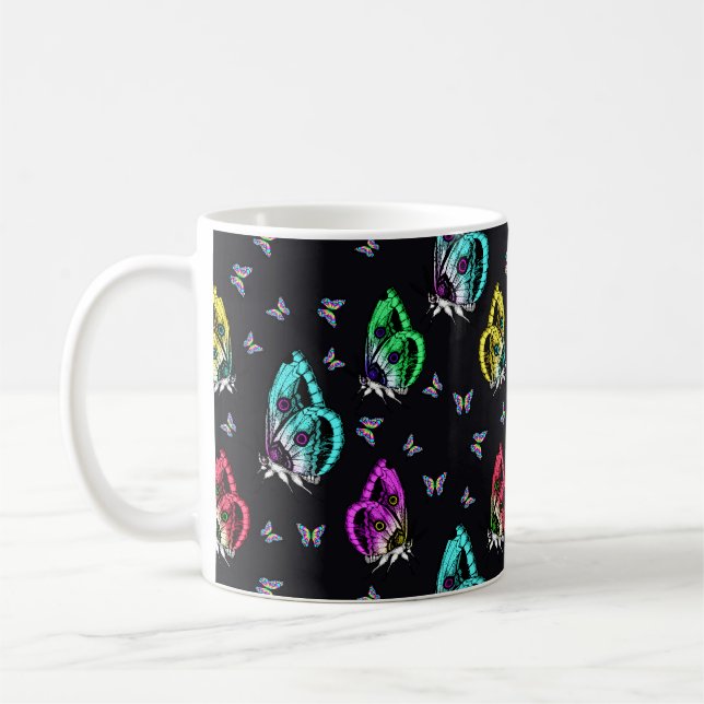 Black Colorful Butterfly Illustration Pattern Coffee Mug (Left)