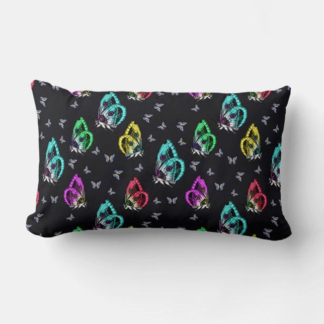 Black Colorful Butterfly Illustration Pattern Lumbar Pillow (Front)