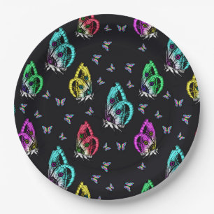 Black Colorful Butterfly Illustration Pattern Paper Plates
