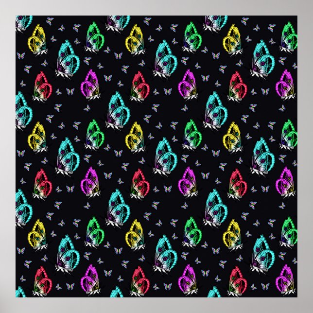 Black Colorful Butterfly Illustration Pattern Poster (Front)