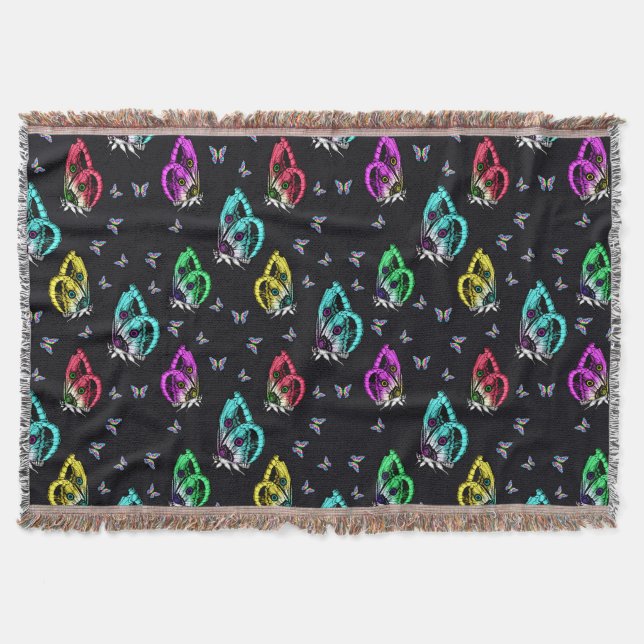 Black Colorful Butterfly Illustration Pattern Throw Blanket (Front)