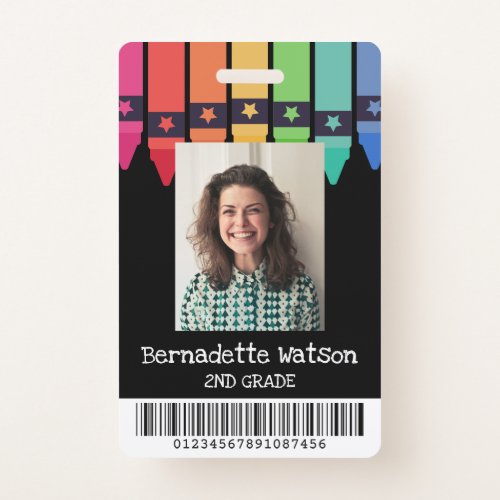 Black Colorful Crayons Barcode School Teacher ID Badge
