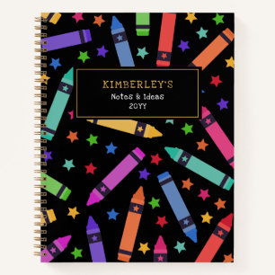 Black Colorful Crayons & Stars Pattern Notebook