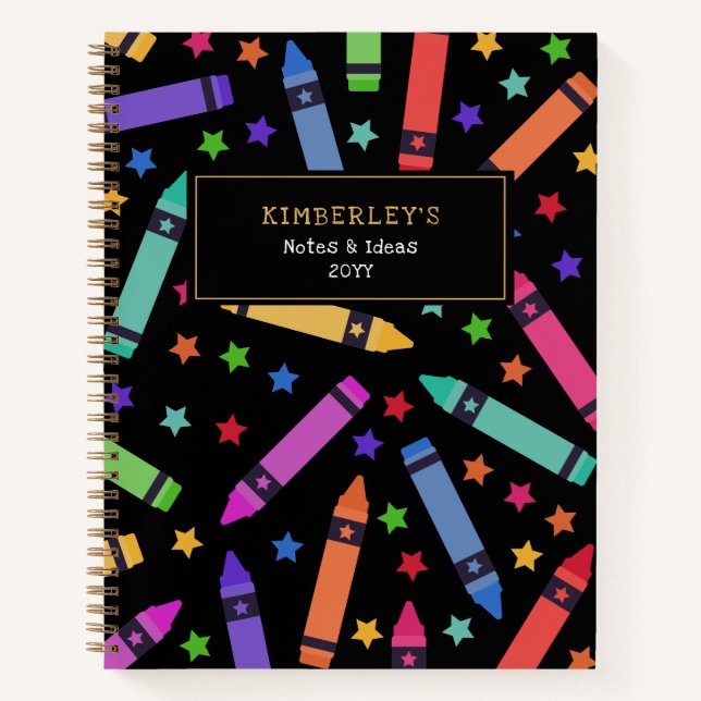 Black Colorful Crayons & Stars Pattern Notebook (Front)