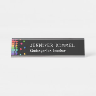 Black Colorful Crayons & Stars Teacher Name Desk Name Plate