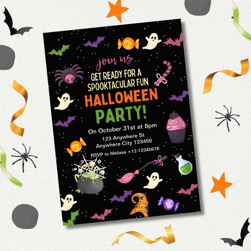 Black Colorful Cute Fun Magical Mystical Halloween Invitation