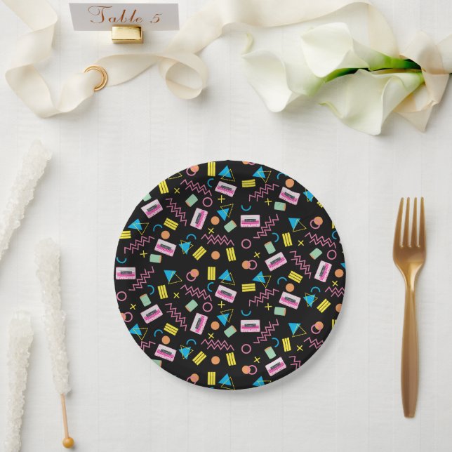 Black Colorful Eighties 80's Retro Party Theme Paper Plates (Wedding)