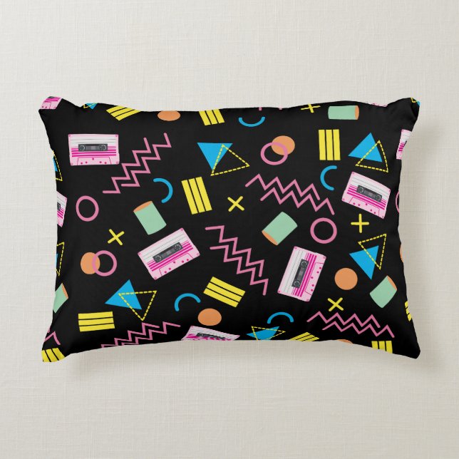 Black Colorful Eighties 80's Retro Pattern Accent Pillow (Front)