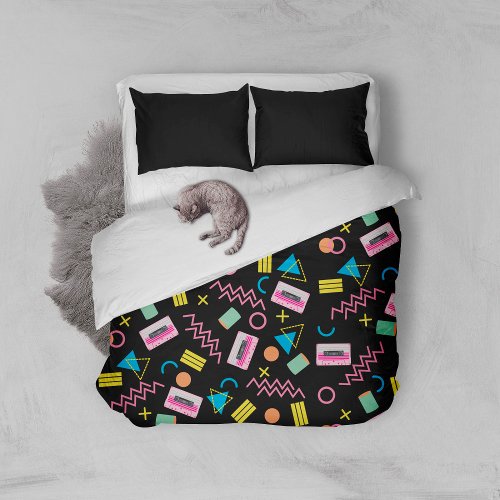 Black Colorful Eighties 80s Retro Pattern   Duvet Cover