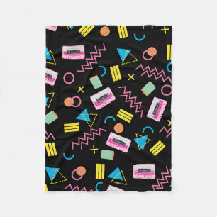 Black Colorful Eighties 80's Retro Pattern  Fleece Blanket