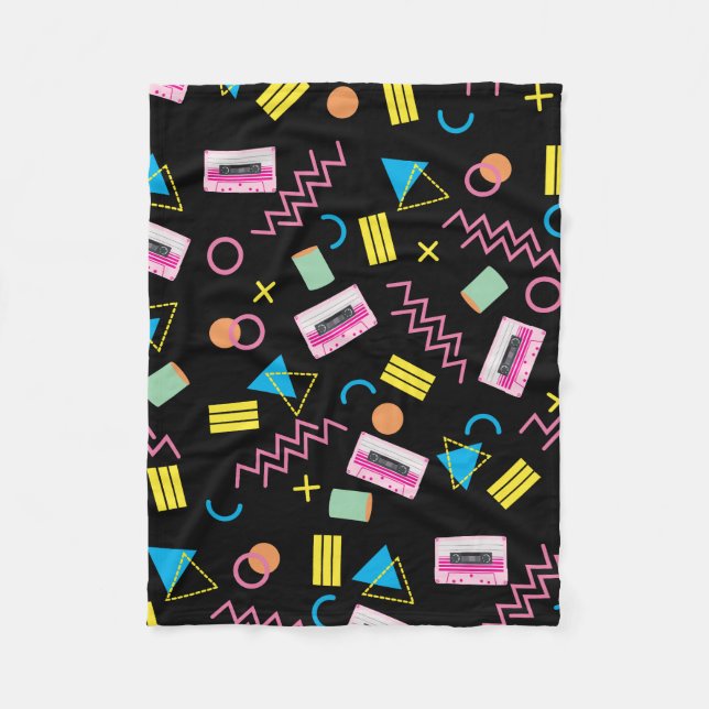 Black Colorful Eighties 80's Retro Pattern  Fleece Blanket (Front)