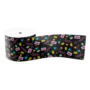 Black Colorful Eighties 80's Retro Pattern Grosgrain Ribbon