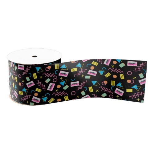 Black Colorful Eighties 80s Retro Pattern Grosgrain Ribbon